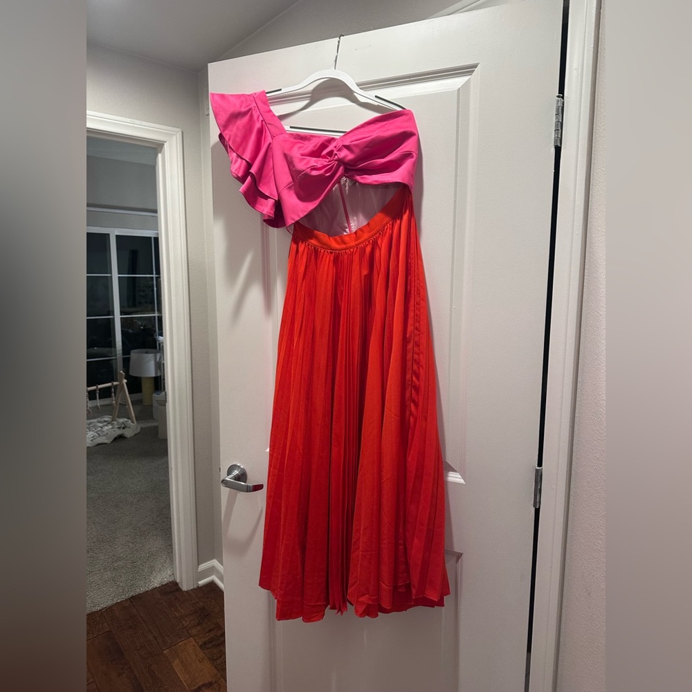 Pink and Red One-Shoulder Midi Dress
